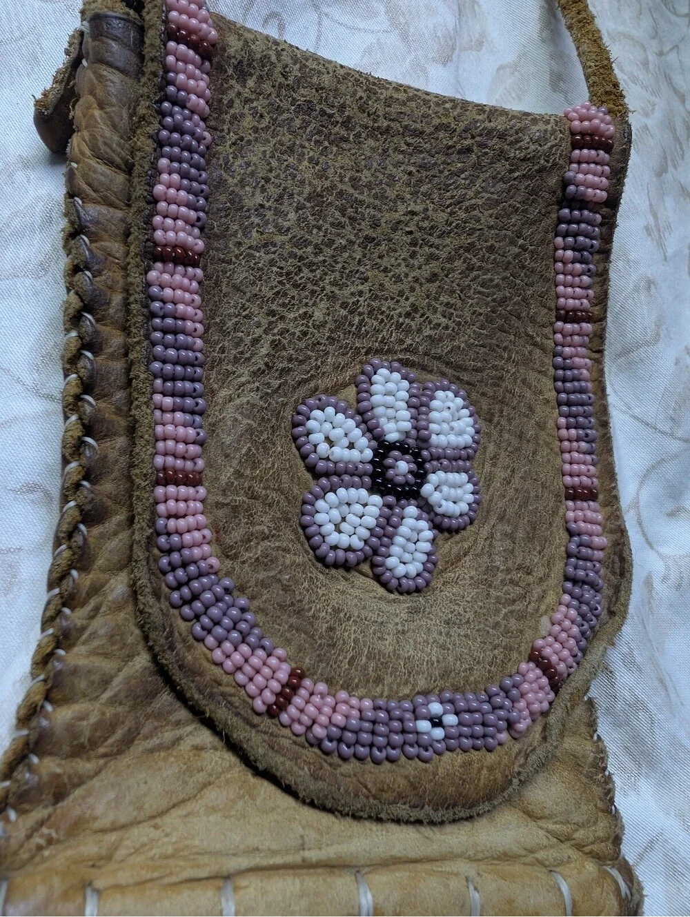 Vintage Handmade Leather Fringe Purse with Beaded Flower Design